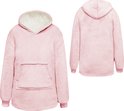 Vooraanzicht en achteraanzicht van een roze, oversized hoodie deken met capuchon.