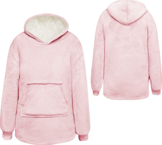 Vooraanzicht en achteraanzicht van een roze, oversized hoodie deken met capuchon.