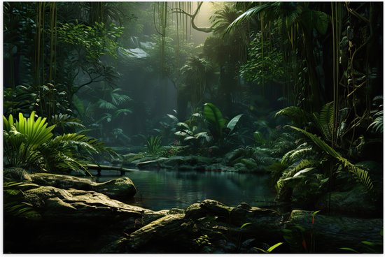 Poster Glanzend – Jungle - Tropisch - Bloemen - Planten - Water - Groen - 60x40 cm Foto op Posterpapier met Glanzende Afwerking