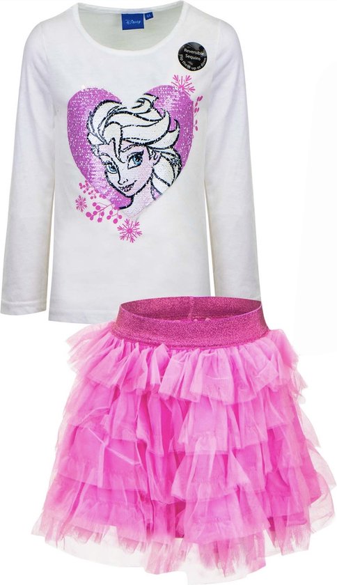 Disney Frozen Set - Shirt met veegpailletten + Rok van tule - Wit/Roze - Maat 116