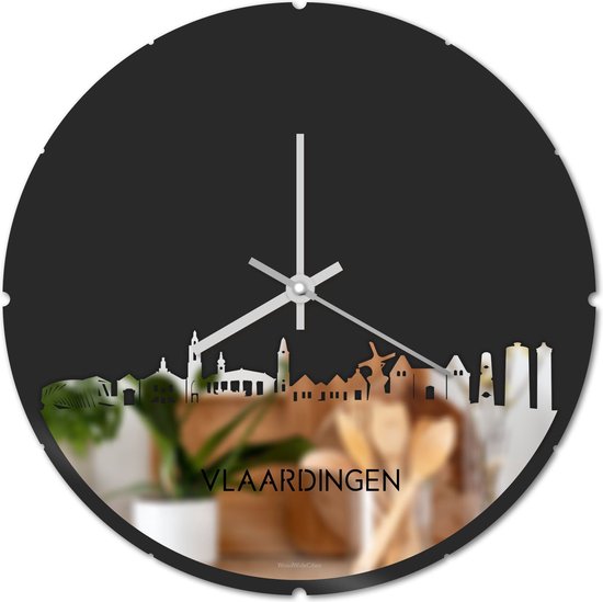 Skyline Klok Rond Vlaardingen Spiegel - Ø 44 cm - Stil uurwerk - Wanddecoratie - Meer steden beschikbaar - Woonkamer idee - Woondecoratie - City Art - Steden kunst - Cadeau voor hem - Cadeau voor haar - Jubileum - Trouwerij - Housewarming -