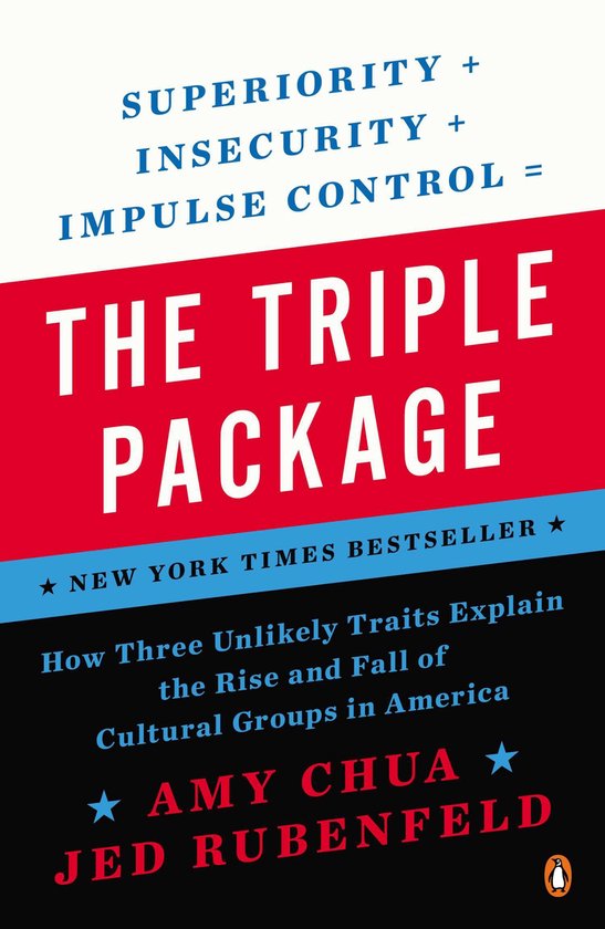 Boek 'The Triple Package' met rode, witte en zwarte vlakken. Met de ondertitel 'How Three Unlikely Traits Explain the Rise and Fall of Cultural Groups in America'.