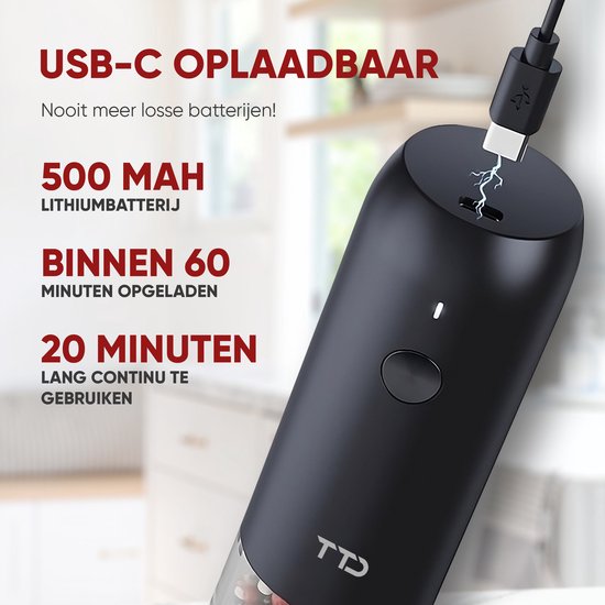 TTD® Premium Zout en Pepermolen Set Elektrisch - USB-oplaadbaar - Kruidenmolen - Verstelbare maalgraad - LED-verlichting - 2 stuks - Zwart & Wit - TTD