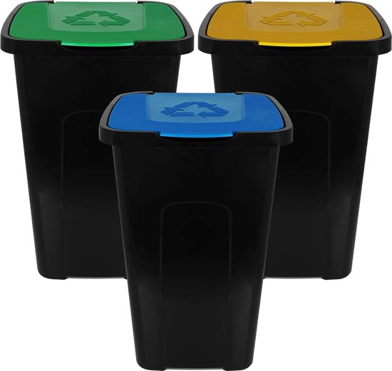 Lot de 3 Poubelles de recyclage Couvercle 3 couleurs 50 Litres