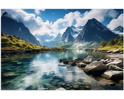 Poster (Mat) - Landschap - Rivier - Bergen - Sneeuw - Water - Gras - Stenen - 60x40 cm Foto op Posterpapier met een Matte look