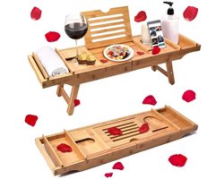 foto van Badplank- Hout- Wijntafel- Badtafel- Verstelbaar en inklapbaar- 109*23cm- Bamboe- Boekenhouder- Tablet houder-Bad plank- Badplank voor in bad- Boekensteun- Tablethouder