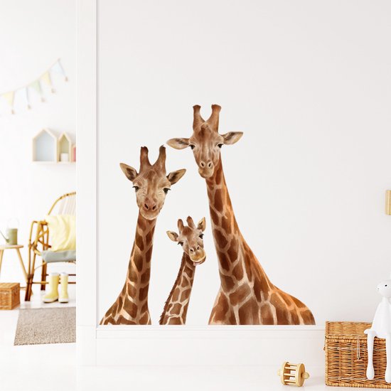 Trois girafes, deux grandes et une petite, regardent curieusement dans la pièce, placées contre un mur blanc.
