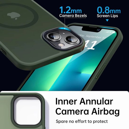 Donkergroene hoes met 1.2mm camera randen, 0.8mm scherm randen en innerlijke camera airbag.