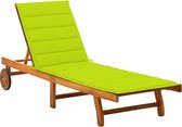 The Living Store Chaise longue - Bois d'acacia - Ajustable - Avec Roues - Y compris coussin vert vif - 200x59/63x30/62/76/85 cm