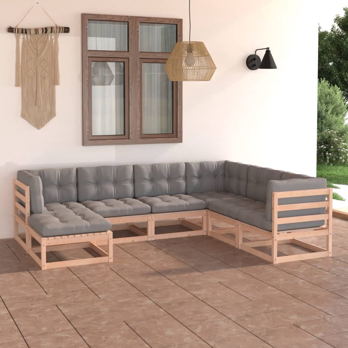 The Living Store 7-delige Loungeset met kussens massief grenenhout - Tuinmeubelen - Lounge Set - Buitenkamer - Houten Bank - Relaxen
