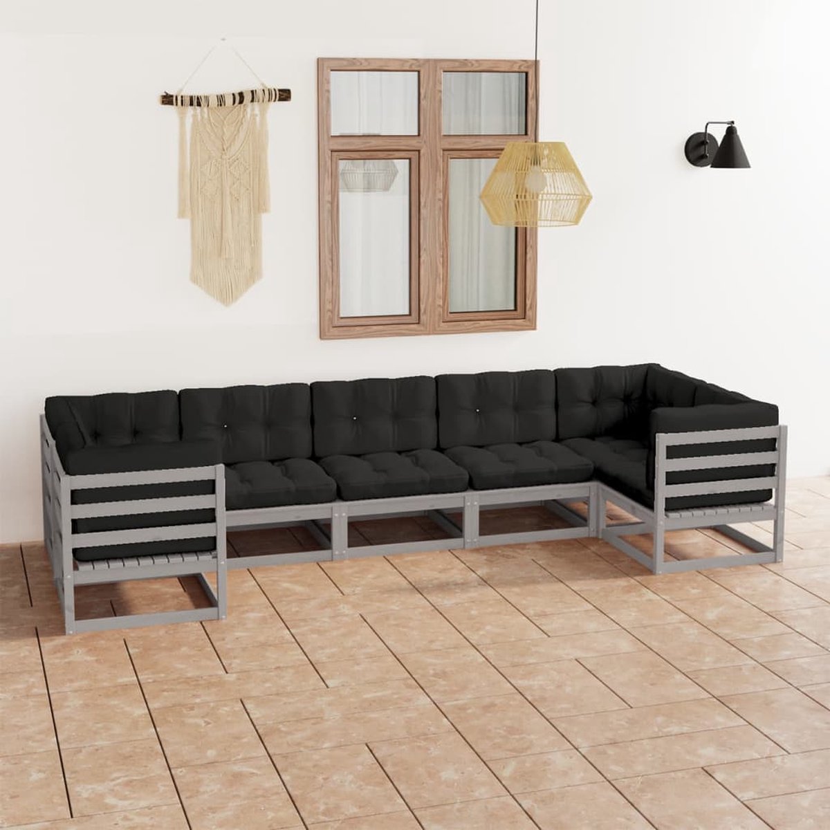 The Living Store 7-delige Loungeset met kussens massief grenenhout grijs - Loungeset - Tuinset - Houten Lounge - Grenenhout - Loungemodule