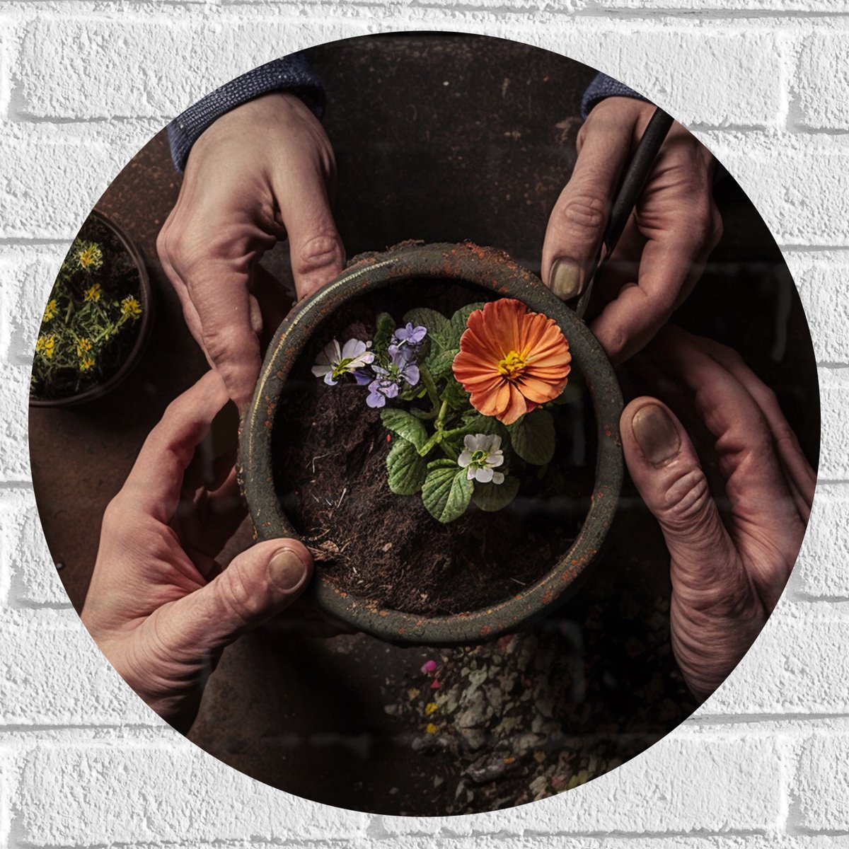 Muursticker Cirkel - Bloemen - Bloempot - Potgrond - Handen - 50x50 cm Foto op Muursticker