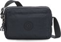 Donkerblauwe Kipling schoudertas met een voorvak en een Kipling-logo. Bevat een aap-sleutelhanger.