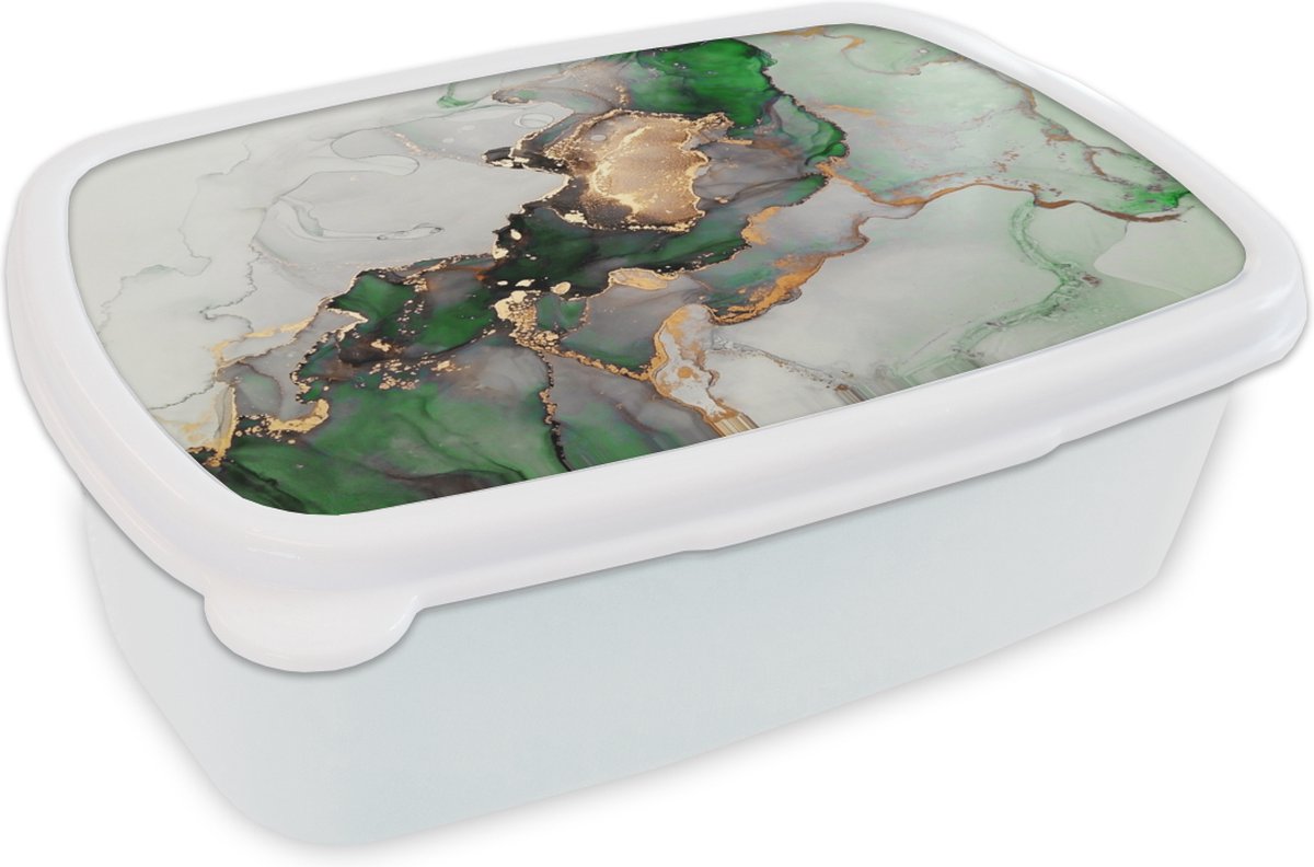 Broodtrommel Wit - Lunchbox - Brooddoos - Marmer - Goud - Groen - Luxe - 18x12x6 cm - Volwassenen