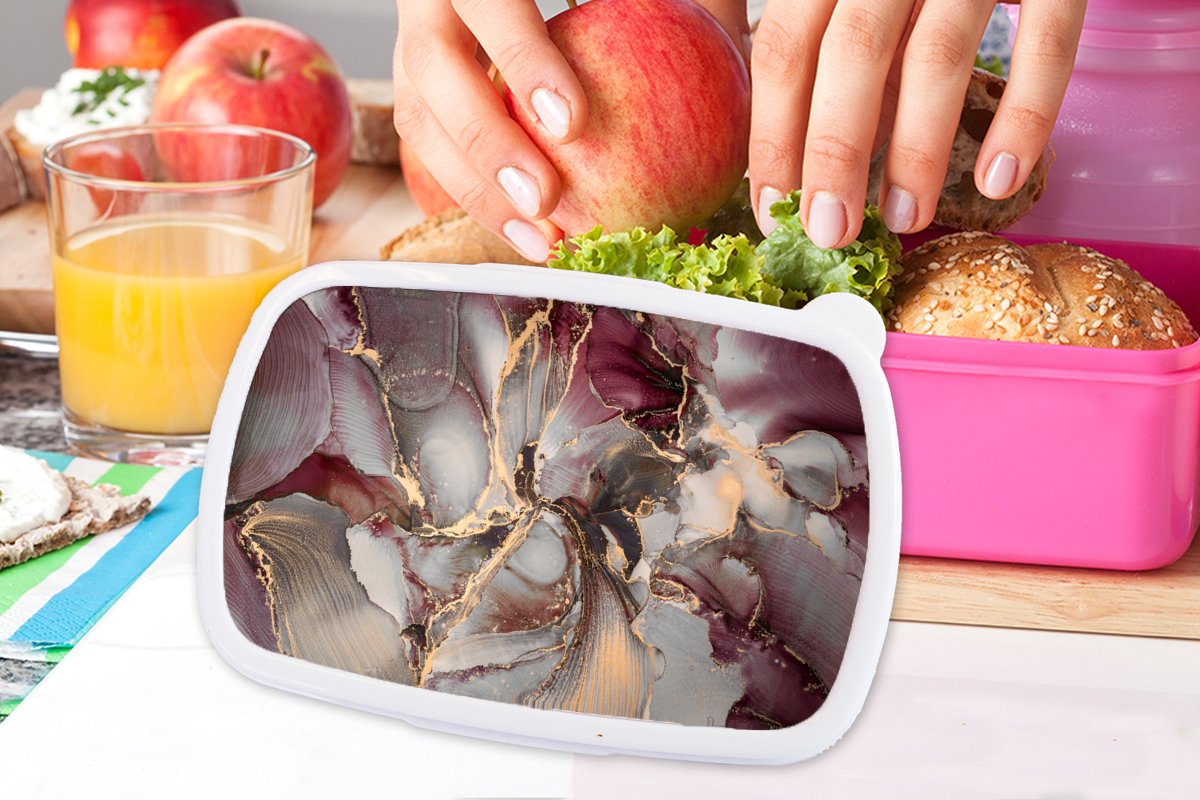 Broodtrommel Roze - Lunchbox - Brooddoos - Goud - Marmer - Paars - 18x12x6 cm - Kinderen - Meisje