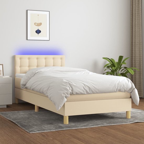 The Living Store Boxspring 90x200 - crème stof - verstelbaar hoofdbord - met LED-licht - pocketvering matras - huidvriendelijk topmatras - inclusief montagehandleiding en USB-aansluiting
