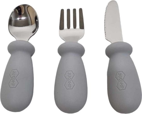 JU&MP Couverts pour enfants - Bébé - Cuillère Fourchette et Couteau Enfant - Couverts Bébé - Sans BPA - Acier Inoxydable - Grijs
