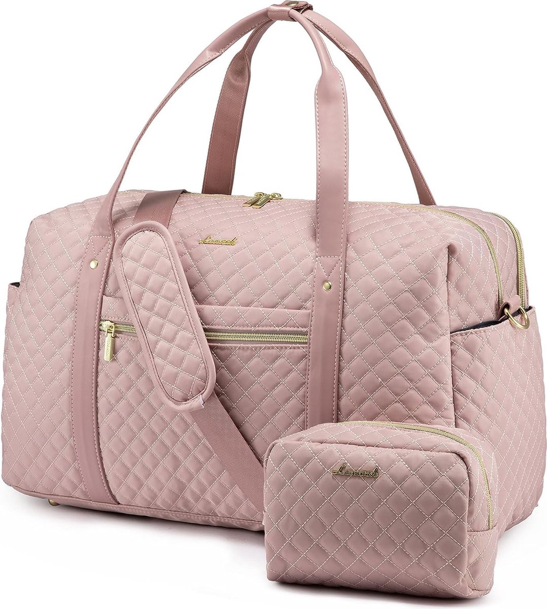 Grote weekendtas voor dames roze - Sporttas met 15.6 inch laptop vak - Reistas, handtas, fitnesstas - Gouden details