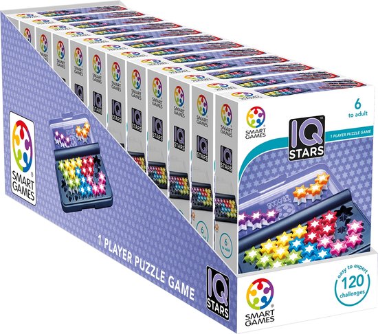 Doos met meerdere verpakkingen van het IQ Stars spel. Elke doos toont het spel met gekleurde sterren.
