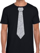 Zwart fun t-shirt met stropdas in glitter zilver heren S