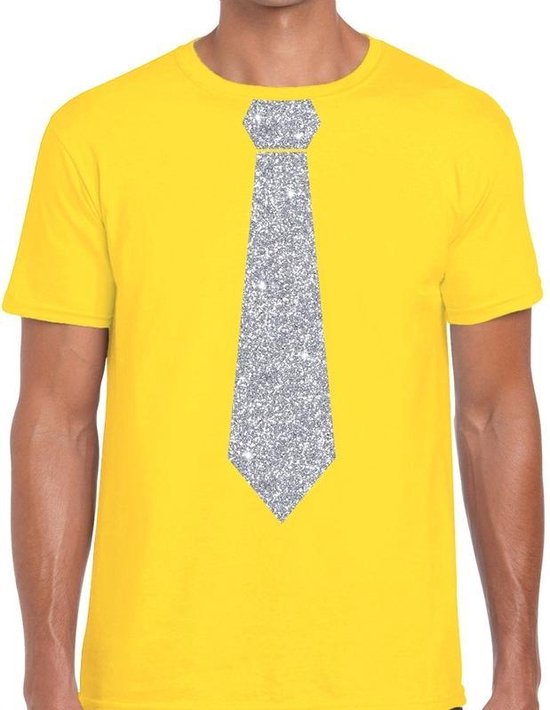 T-shirt amusant jaune avec cravate en argent pailleté homme S | bol