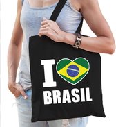 Katoenen Brazilie tasje I love Brasil zwart - 10 liter - Braziliaanse landen cadeautas