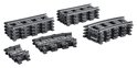LEGO treinrails: 4 rechte, 8 bocht-, 8 flexibele rails en wisselstukken.
