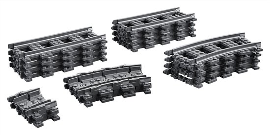 LEGO treinrails: 4 rechte, 8 bocht-, 8 flexibele rails en wisselstukken.