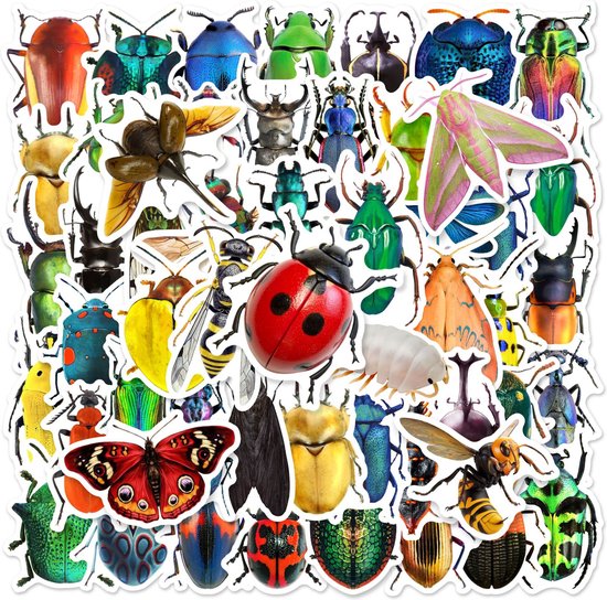 Foto: Insecten stickers 50 stuks met o a vlinders kevers larven libelle 5x7cm verwijderbaar kleurvast bestand tegen water