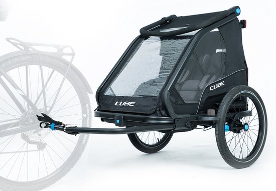 CUBE Double CMPT-Trailer - Remorque pour Kids pour deux personnes - Remorque à vélo et poussette pour enfants en un - Remorque Kiddie résistante à toutes les conditions météorologiques - Avec espace à bagages de 70 L - Zwart