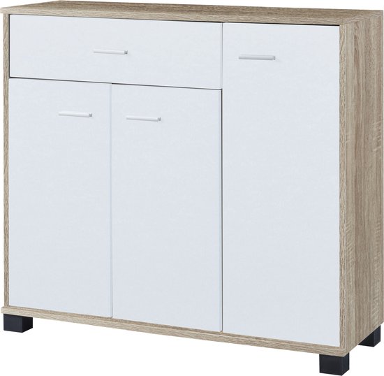 Dressoir met eikenhouten frame en witte deuren en lades, van voren gezien.