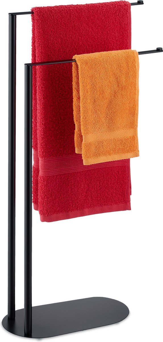 Relaxdays handdoekenrek - vrijstaand - staal - handdoekhouder- 2 stangen - modern - zwart