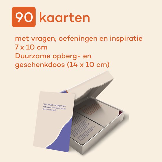 Doos met 90 kaarten (7x10 cm) met vragen, oefeningen en inspiratie. Duurzame opberg- en geschenkdoos (14x10 cm).