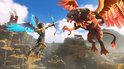 Fenyx met blauwe vleugels, boog in de hand, vecht tegen een griffin met bruine en oranje veren.