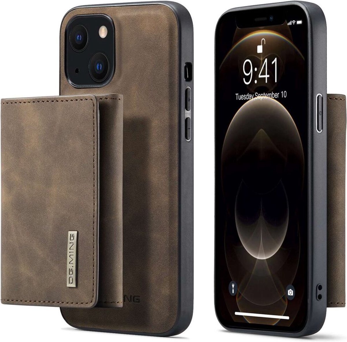 DG Ming Hoesje Geschikt voor Apple iPhone 15 - Back Cover met Magnetische Kaarthouder - Telefoonhoesje met Pasjeshouder op achterkant Coffee