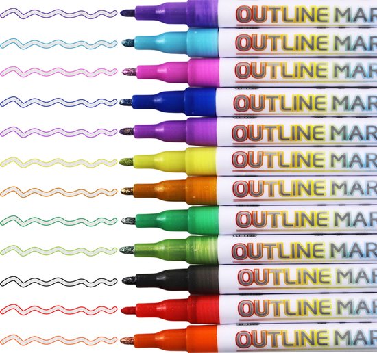 Stylo contour double ligne – 12 couleurs – Largeur de ligne 2 mm – Marqueurs  de