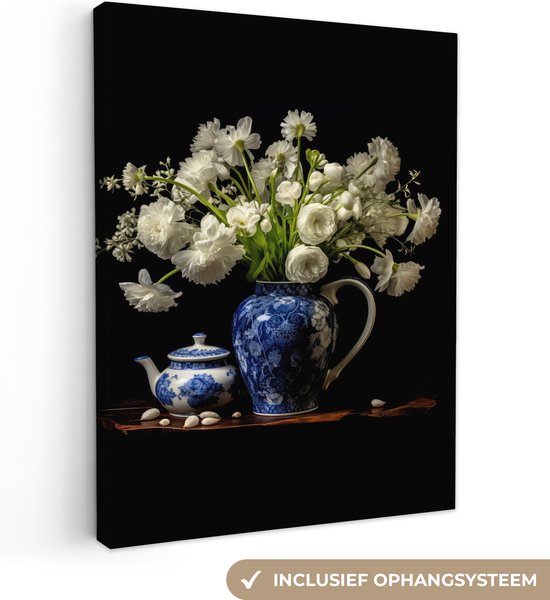 Tableau sur toile Fleurs - Pichet - Bleu de Delft - Nature morte - 60x80 cm - Décoration murale