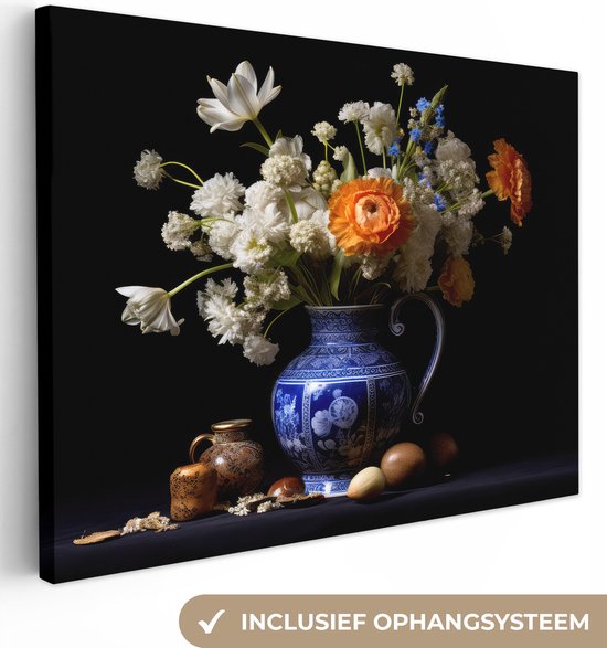 Canvas Schilderij Bloemen - Delfts blauw - Schenkkan - Stilleven - Hollands - 120x90 cm - Wanddecoratie