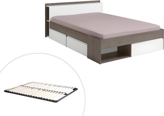 Bed met opbergruimte - 140 x 200 cm - Kleuren: Taupe en wit + Bedbodem - DEBAR L 220 cm x H 79 cm x D 150 cm