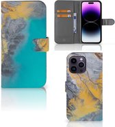 Flip Case Geschikt voor iPhone 15 Pro Max Hoesje Marble Blue Gold