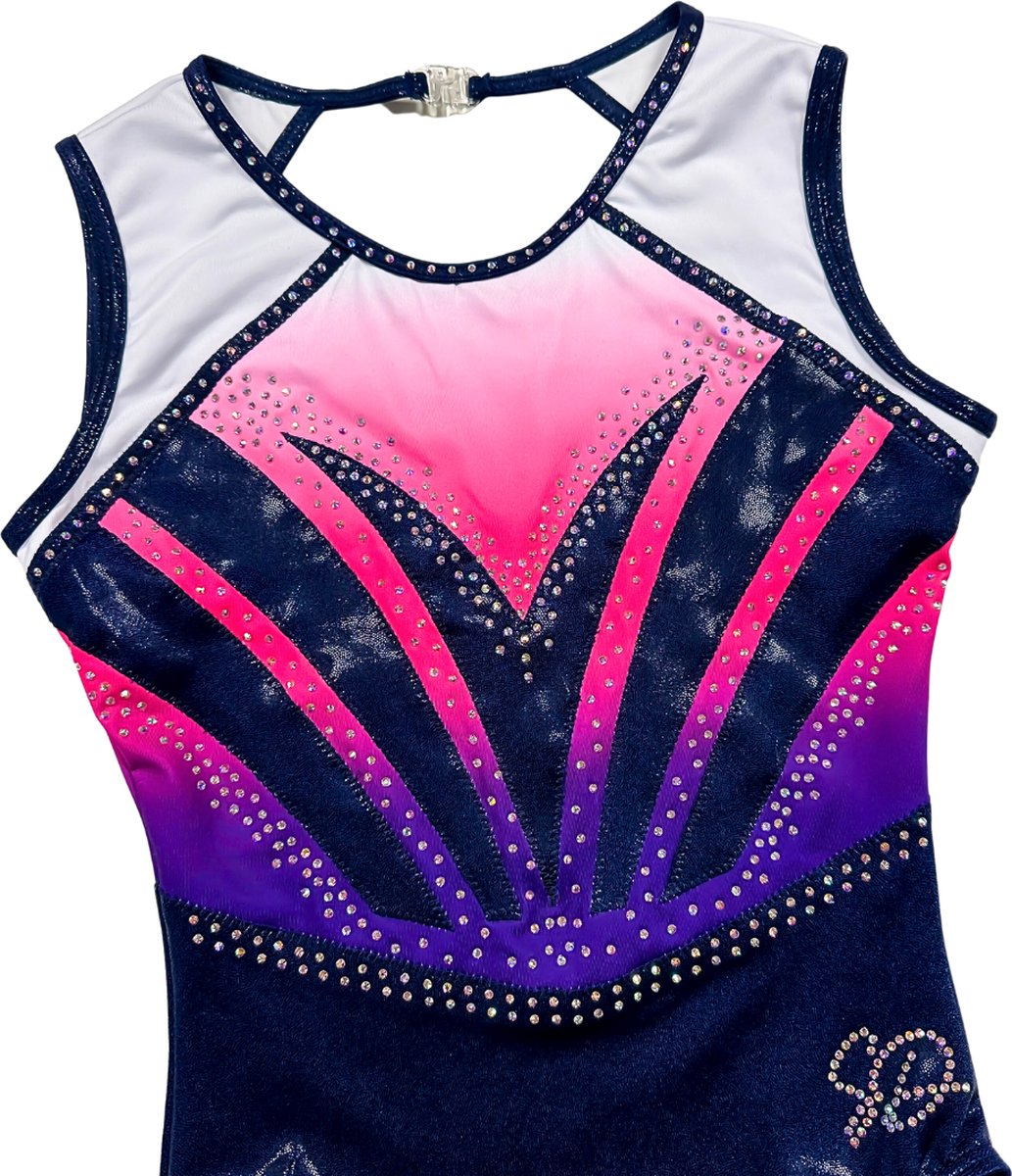 Sparkle&Dream Turnpakje Yuna Navy Roze Paars - Maat AXXL M/L - Gympakje voor Turnen, Acro, Trampoline en Gymnastiek