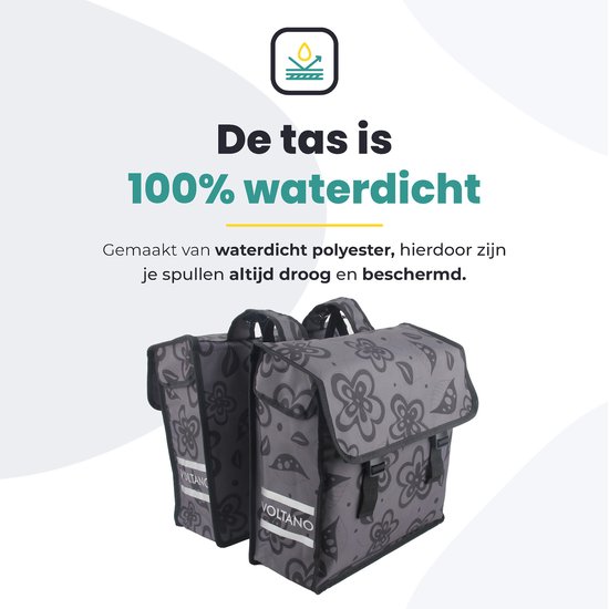 Voltano Dubbele Fietstas Floral Fusion - Grijs Met Bloemen - 38 Liter - 100% Waterdicht Polyester - Vrolijke Fietstassen