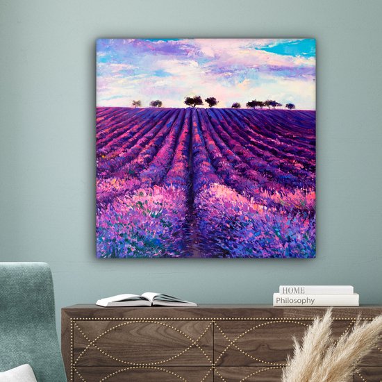 Toile - Huile - Fleurs - Lavande - Peinture - Violet - 90x90 cm - Décoration murale - Intérieur