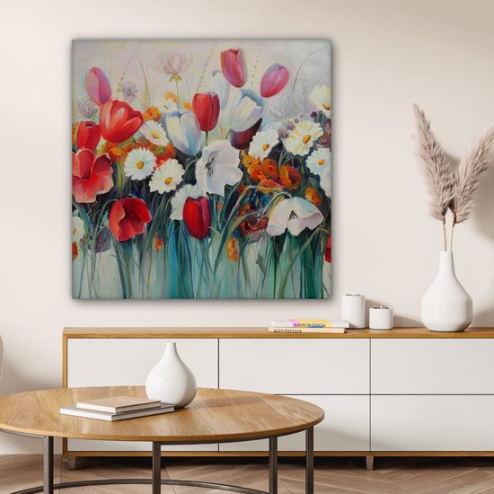 Toile - Peinture - Huile - Fleurs - Nature - 90x90 cm - Décoration - Intérieur