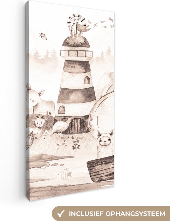 Canvas kind - Dieren - Vuurtoren - Strand - Boot - Vogels - Schilderij voor kinderen - Muurdecoratie kinderkamer - Wanddecoratie - 20x40 cm