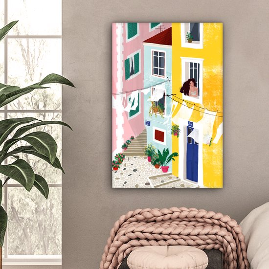 Tableau toile Rue - Wax - Jaune - Femme - 60x90 cm - Décoration murale