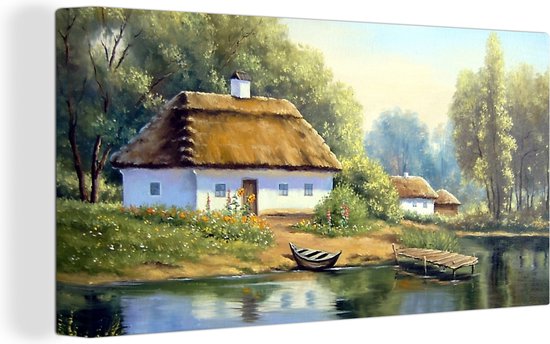 Canvas - Schilderij - Huis - Water - Boot - Kunst - Olieverf - Canvas doek - Schilderijen op canvas - 80x40 cm - Foto op canvas - Wanddecoratie - Woonkamer