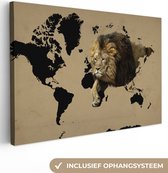 Canvas Wereldkaart - 180x120 - Wanddecoratie Wereldkaart - Zwart - Leeuw