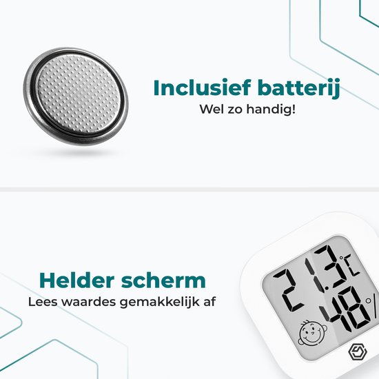Compacte digitale thermometer en hygrometer met helder scherm, inclusief batterij.