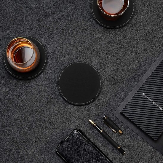 Castagnola Sous-verres de Verre en Similicuir avec Support - Sous-verres pour Verres - Sous-verres Design - Ensemble de Dessous de Verre - Sous-verres de Verre - Similicuir - Sous-verres en Cuir - Set de 6 - Zwart avec Coutures